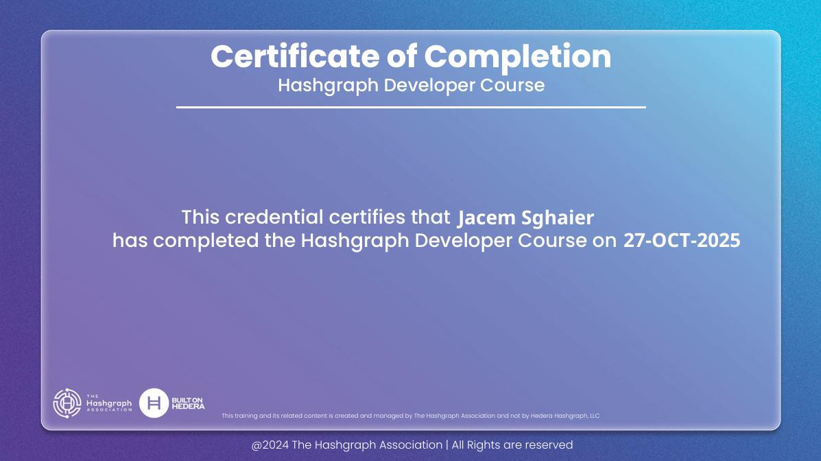 Hashgraph Developer Course certificate